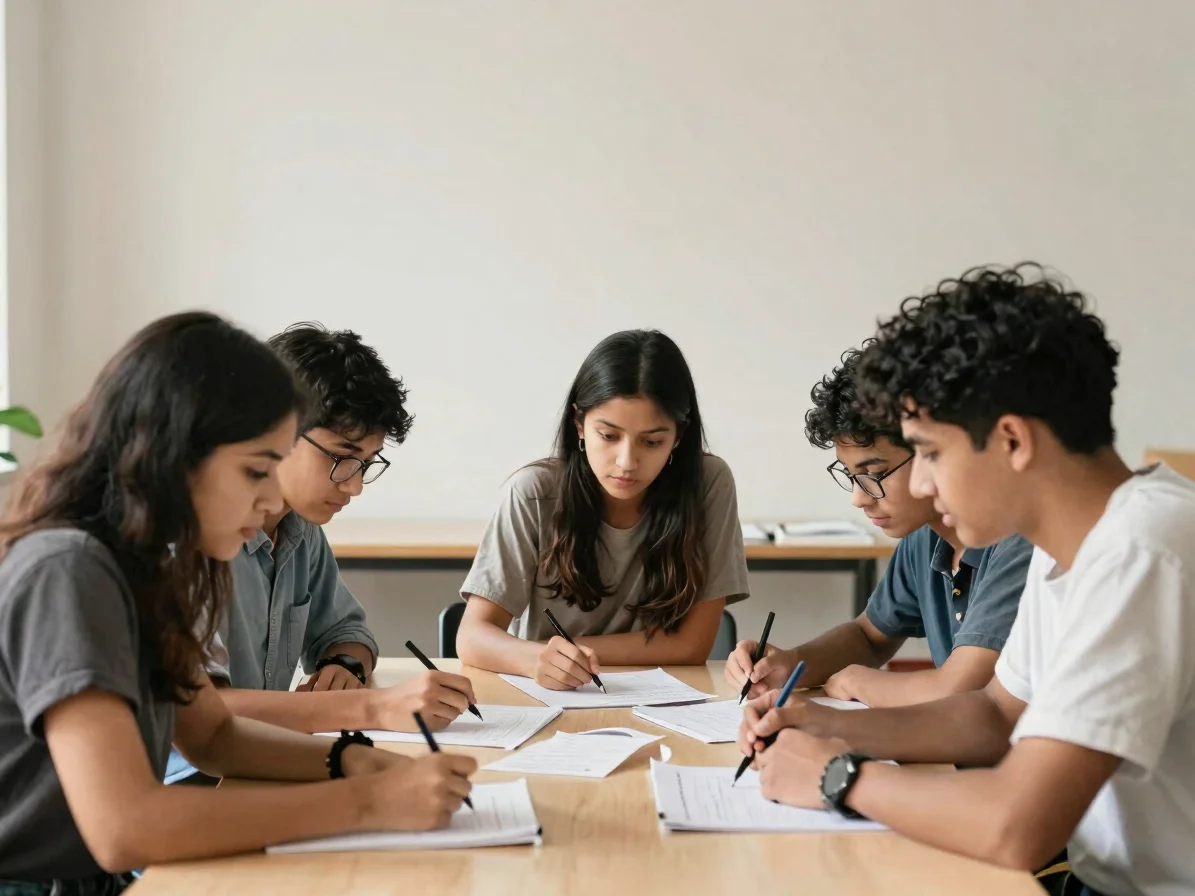 Candid editorial photograph of learners working together on a shared project in soft natural daylight, warm neutral pale