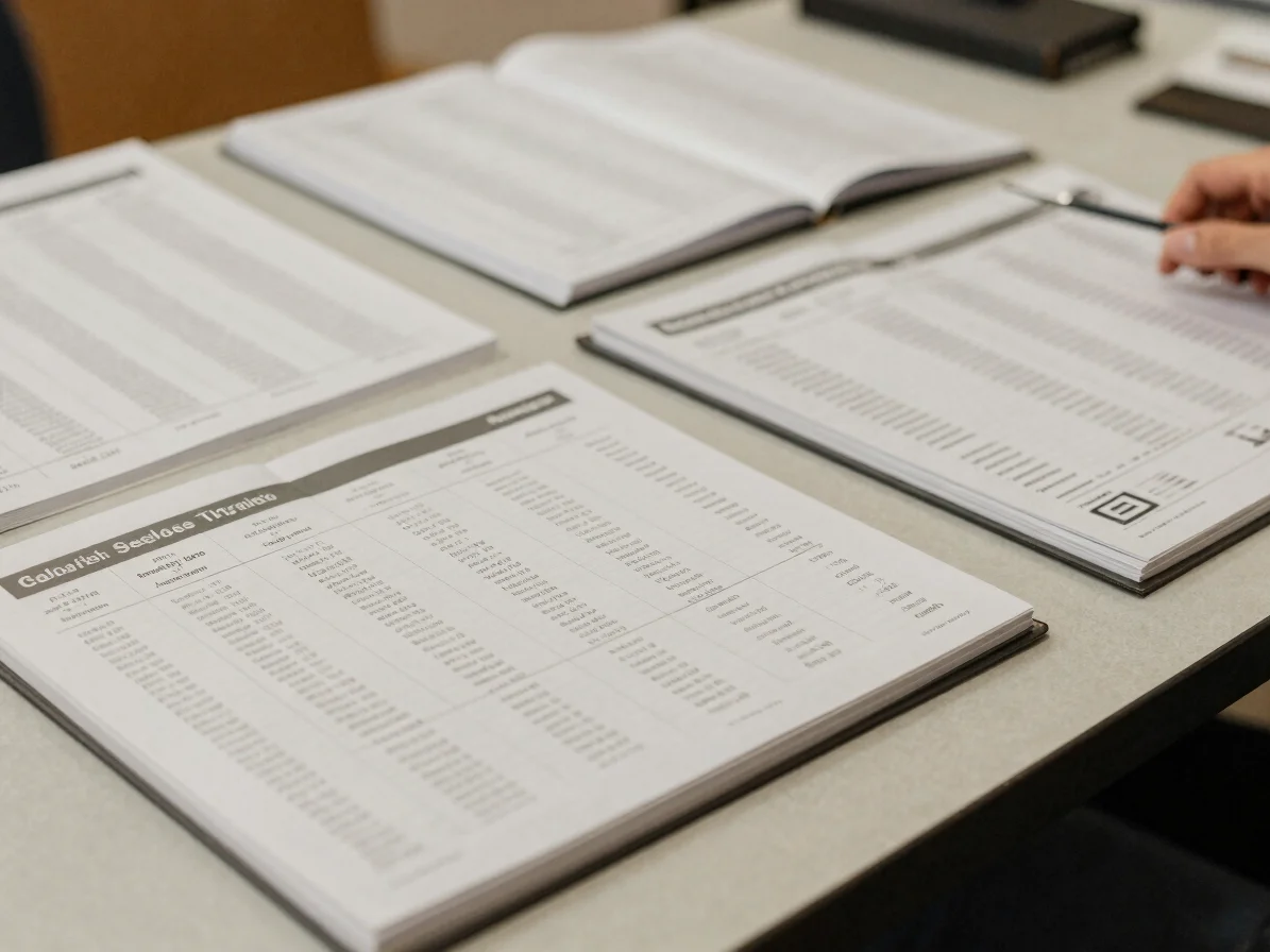 Close detail of printed program materials and notebooks on a table in soft natural daylight, warm neutral palette, candi