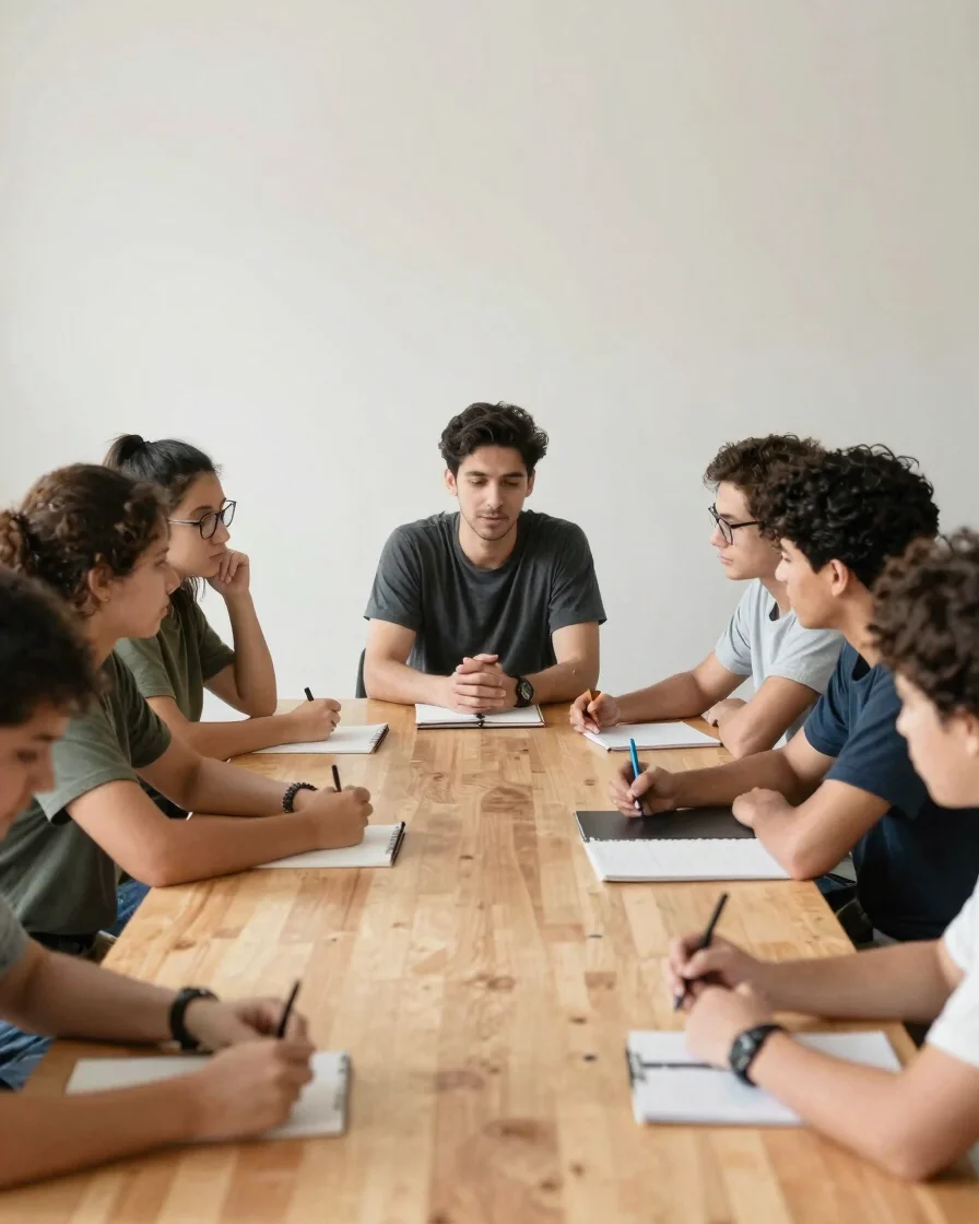 Candid editorial documentary photograph of a small group of people learning together at a bright wooden table, soft natu