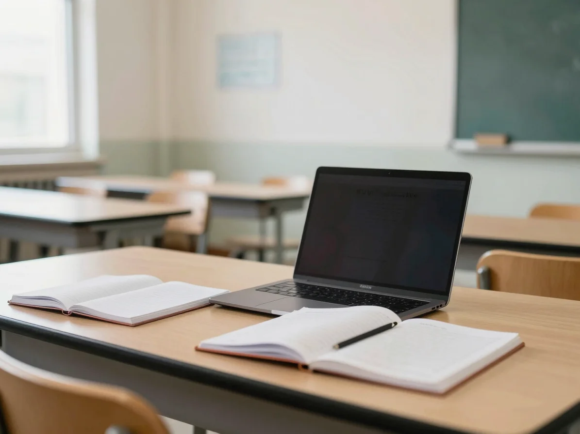 Editorial institutional photography of a bright classroom table w