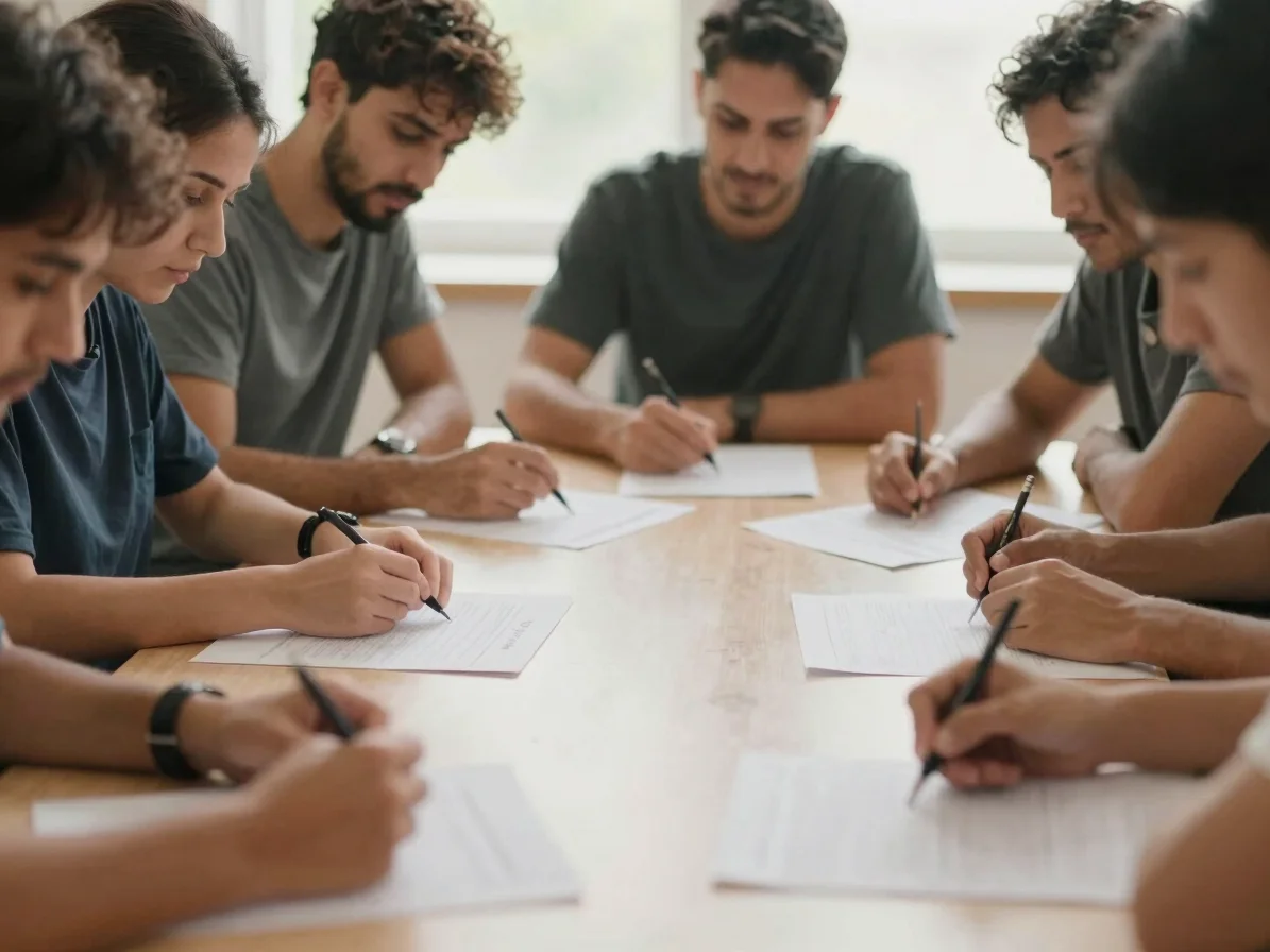 Candid documentary scene of people collaborating around a table w