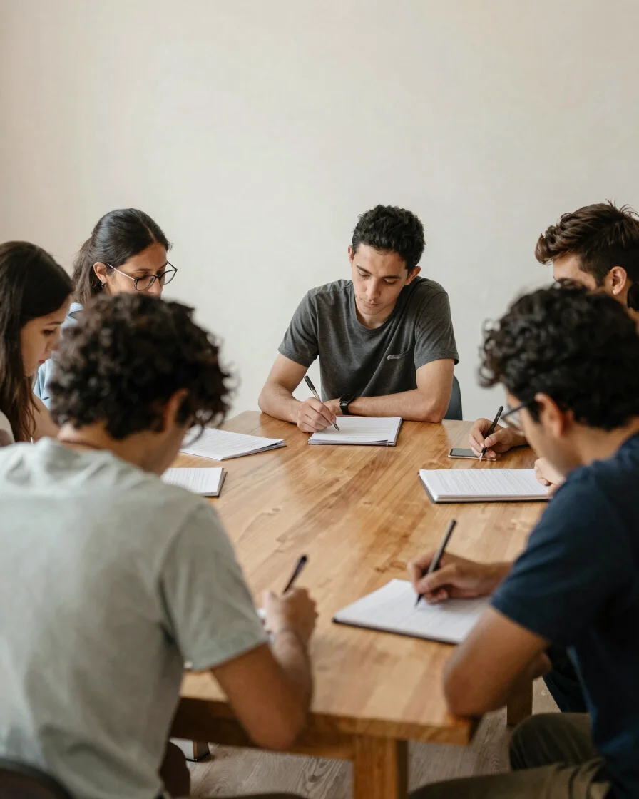Editorial documentary photograph of a small group of people study
